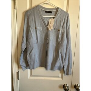 Merokeety V Neck Cardigan Sweater Light Blue Gold Buttons Small C1010